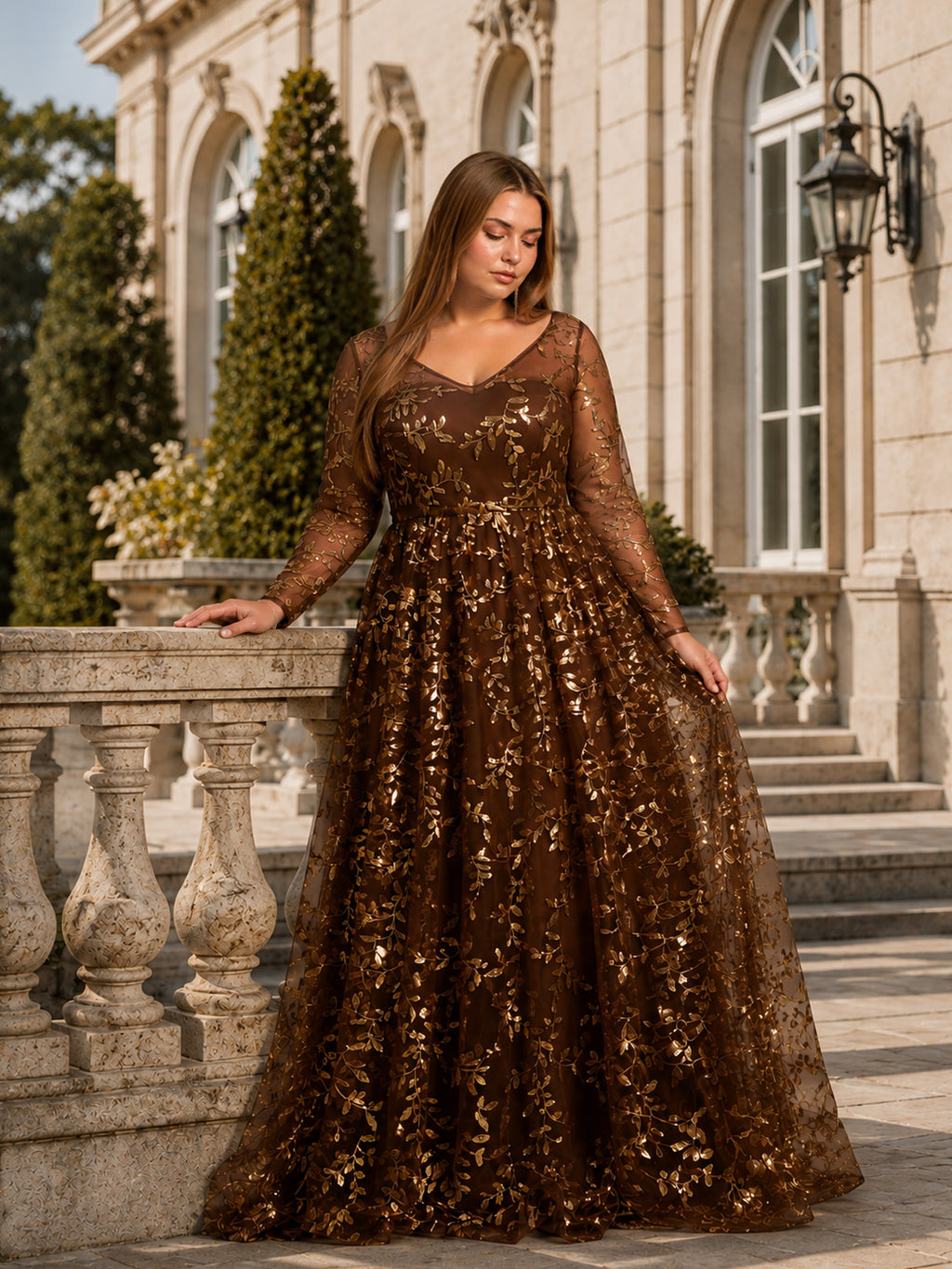 Women’s Brown Elegant Sequin Mesh Round Neck Long Sleeve A-Line Maxi Dress