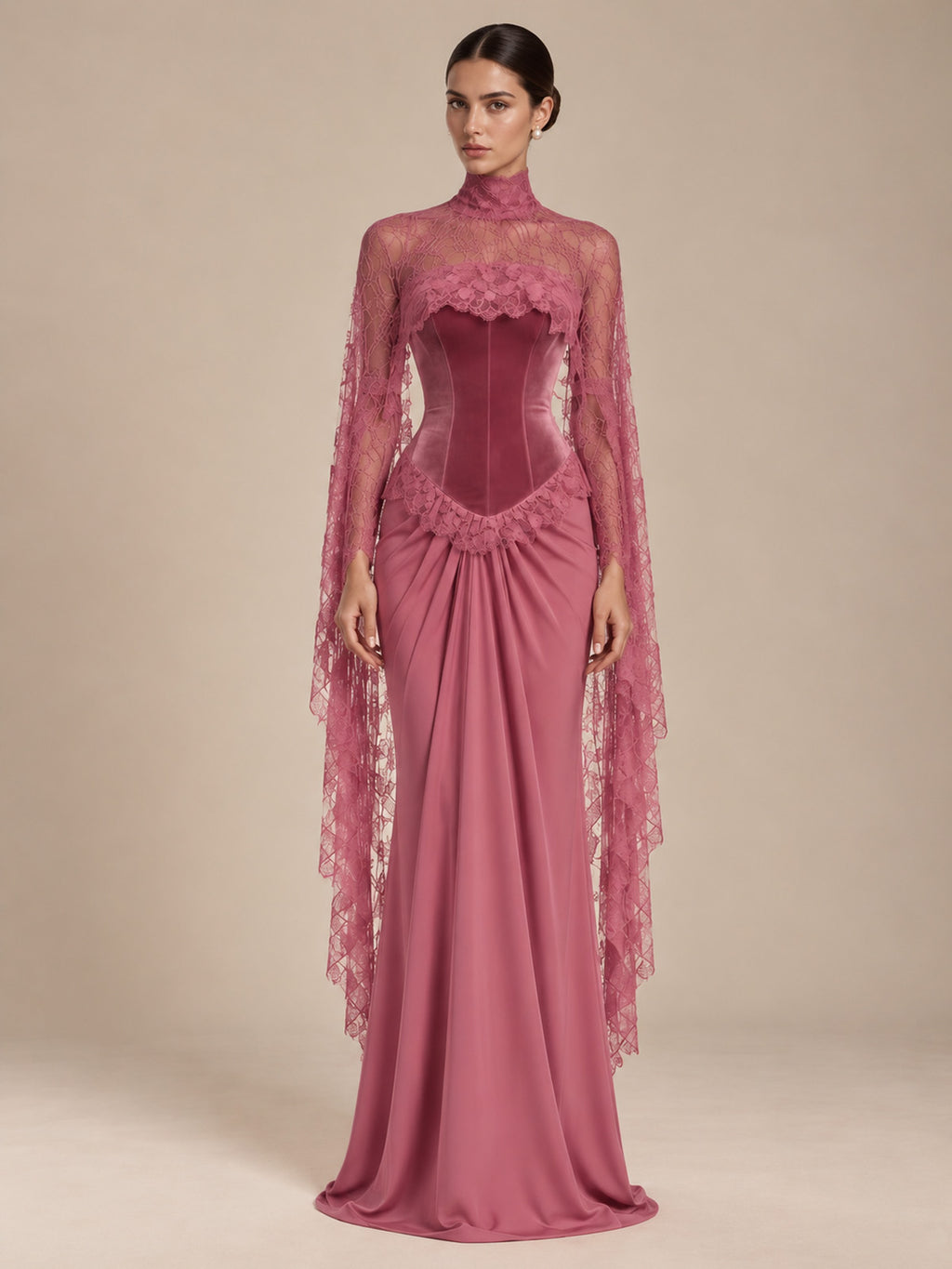 Women’s Black Elegant Strapless Velvet Mermaid Maxi Dress with Sheer Floral Lace Cape and Corset Detail