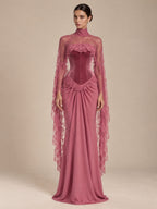 Women’s Black Elegant Strapless Velvet Mermaid Maxi Dress with Sheer Floral Lace Cape and Corset Detail