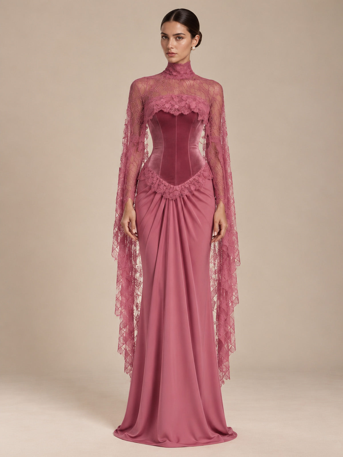 Women’s Black Elegant Strapless Velvet Mermaid Maxi Dress with Sheer Floral Lace Cape and Corset Detail