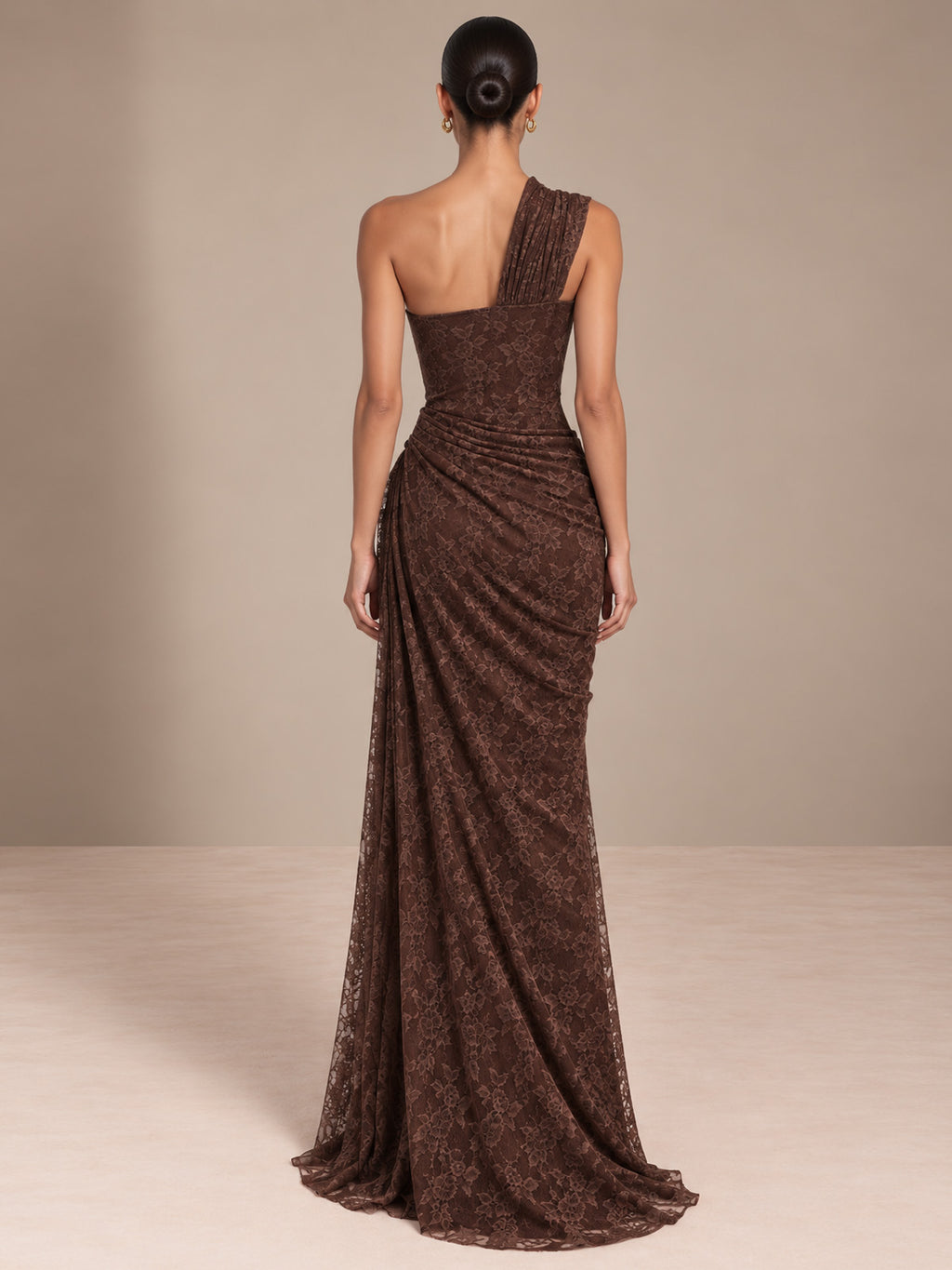 Women’s Burgundy Elegant Floral Lace One Shoulder Sleeveless Sheath Maxi Dress with Asymmetric Ruched Detail