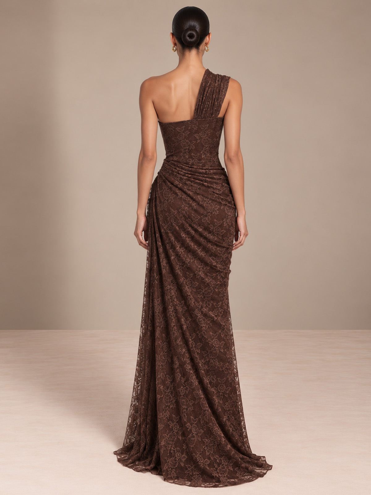 Women’s Burgundy Elegant Floral Lace One Shoulder Sleeveless Sheath Maxi Dress with Asymmetric Ruched Detail