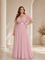 Women’s White Graceful Chiffon V Neck Flutter Short Sleeve A-Line Maxi Dress with Pleated Bodice Detail
