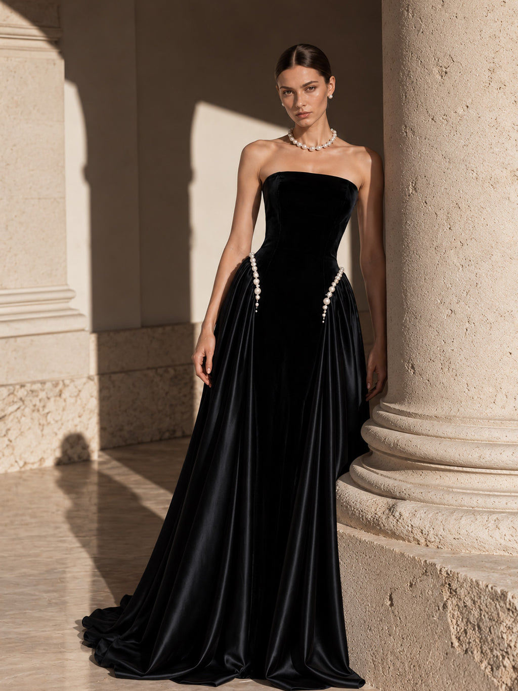 Women’s Navy Blue Elegant Velvet Strapless Sleeveless A-Line Maxi Dress with Pearl Embellishment and Lace-Up Back Detail