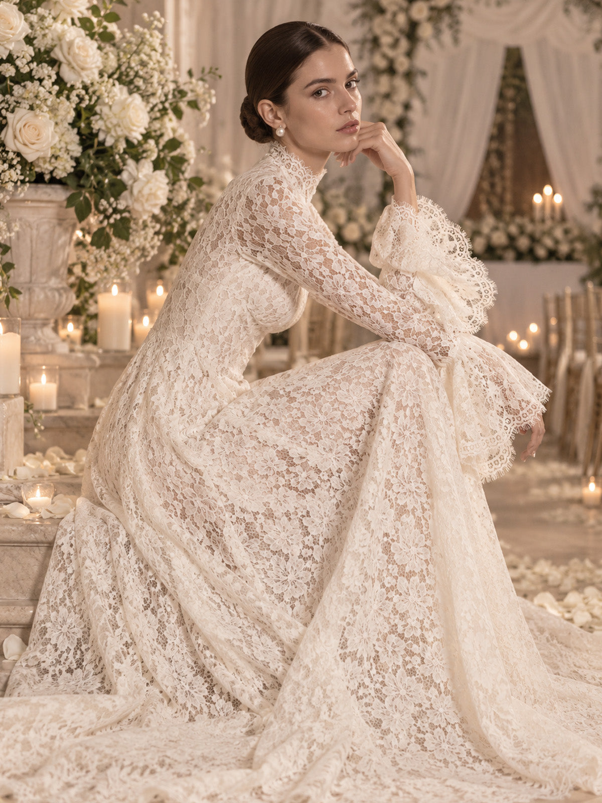 Women’s Ivory Elegant Floral Lace High Neck Long Bell Sleeve A-Line Maxi Dress with Ruffle Cuff Detail