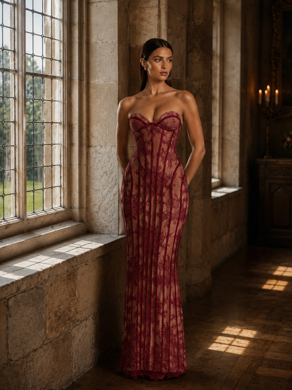 Women’s Black Elegant Lace Strapless Corset Maxi Dress