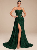 Women’s Champagne Gold Glamorous Sequin One Shoulder Sleeveless Mermaid Maxi Dress with Ruched Detail, High Slit and Lace-Up Back