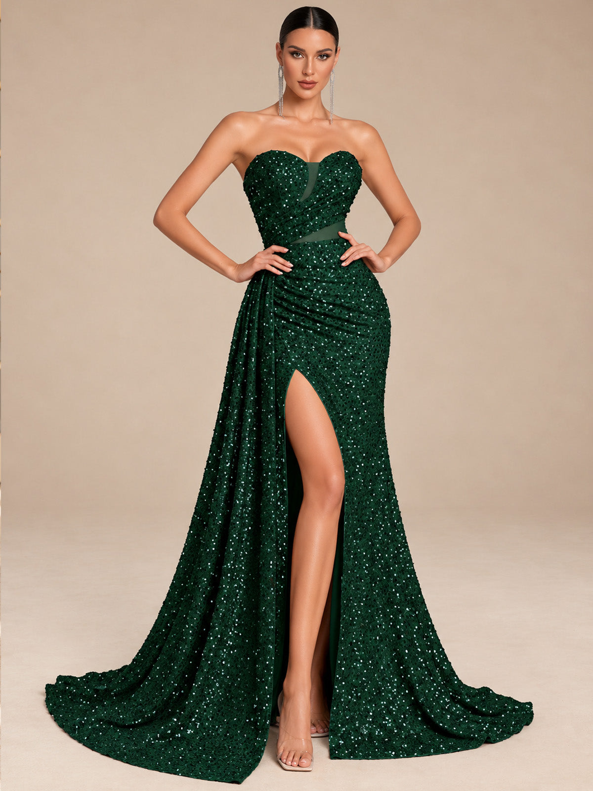 Women’s Champagne Gold Glamorous Sequin One Shoulder Sleeveless Mermaid Maxi Dress with Ruched Detail, High Slit and Lace-Up Back