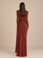 Women’s Rust Brown Elegant Stretch Jersey High Neck Long Sleeve Mermaid Maxi Dress with Draped Scarf Detail