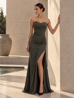 Women’s Dark Olive Green Elegant Strapless Sweetheart Neck Sleeveless Mermaid Maxi Dress with Ruched Detail and High Slit