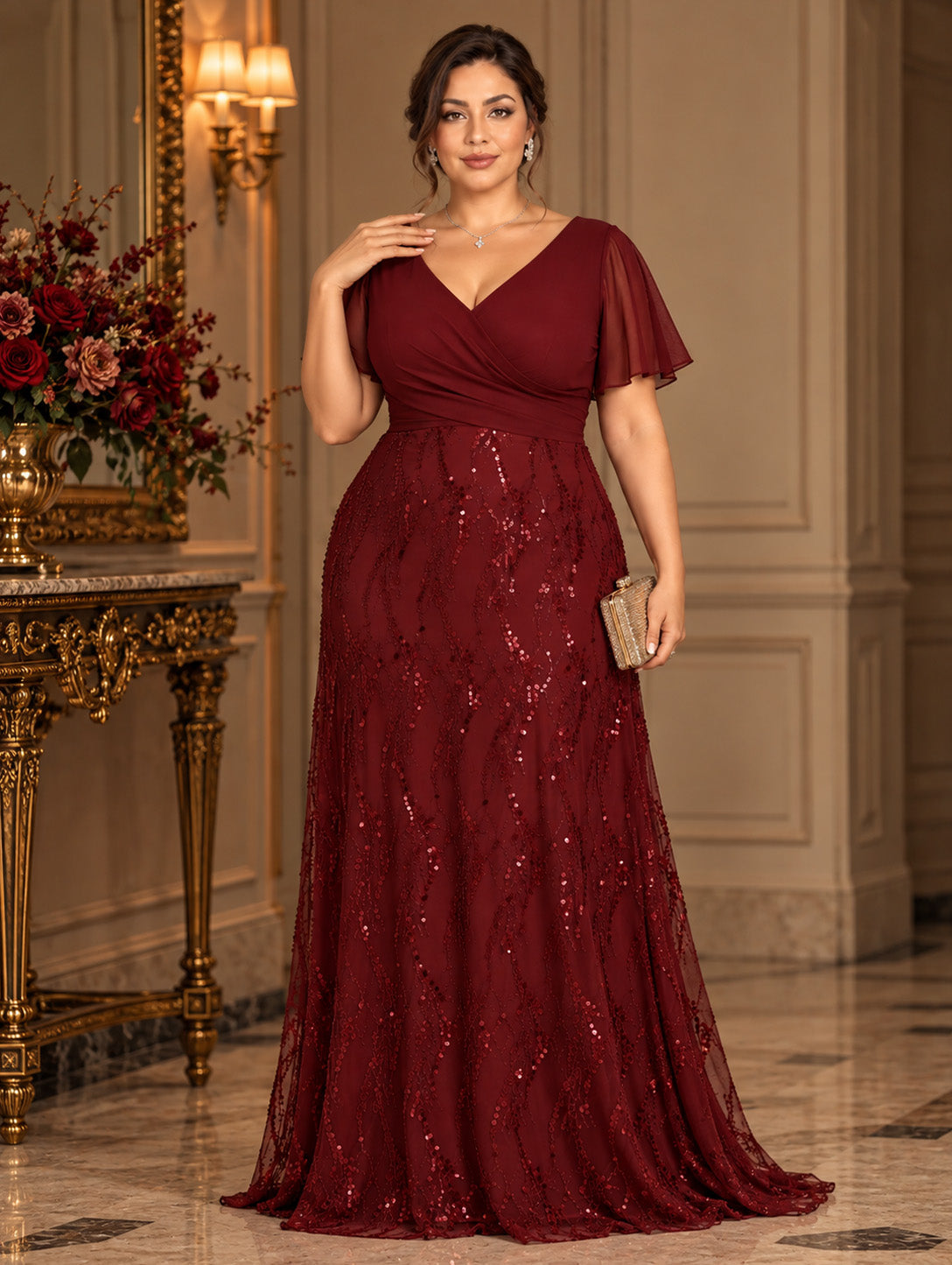 Women's Plus Size Burgundy Sequin V-Neck Flutter Sleeve A-Line Maxi Evening Dress