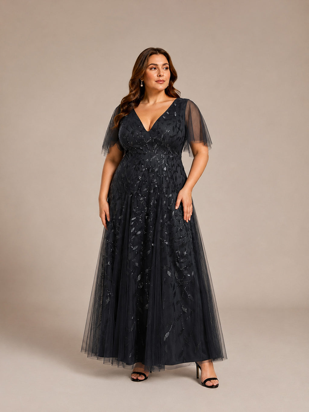 Women’s Burgundy Glamorous Sequin Mesh V Neck Flutter Short Sleeve A-Line Maxi Dress with Embellished Detail