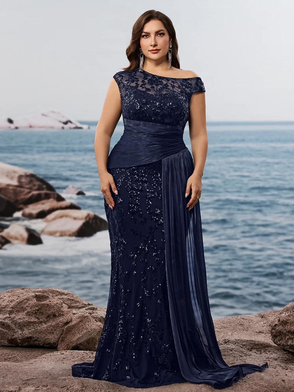 Women’s Black Elegant Sequin Lace Asymmetric Neck Cap Sleeve Mermaid Maxi Dress with Draped Side Panel