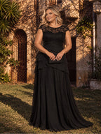 Women’s Black Elegant Lace Round Neck Cap Sleeve Tiered A-Line Maxi Dress with Chiffon Overlay