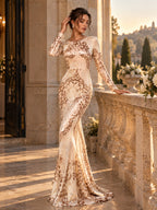 Women’s Red Green Glamorous Sequin Round Neck Long Sleeve Fitted Mermaid Maxi Dress with Open Back