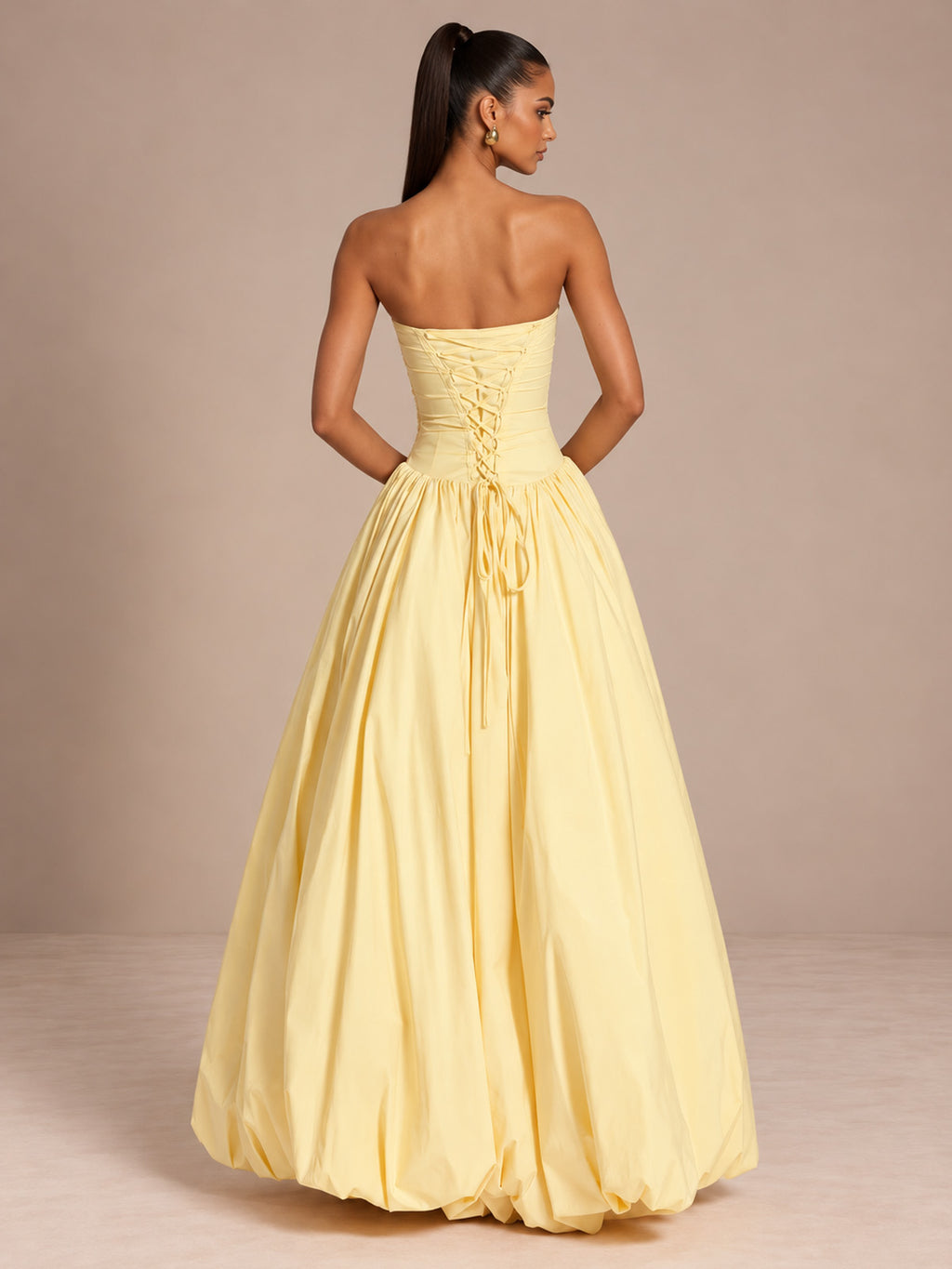 Women’s Butter Yellow Elegant Strapless Sleeveless A-Line Maxi Dress with Ruched Bodice, High-Low Hem and Lace-Up Back