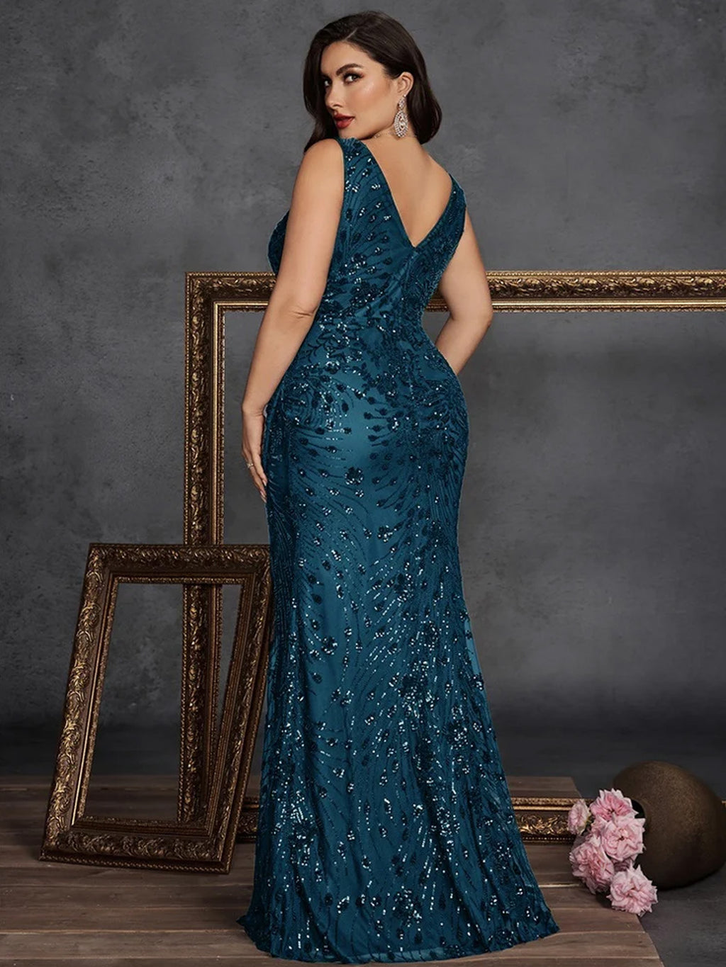 Women’s Olive Glamorous Sequin V Neck Sleeveless High Slit Maxi Dress