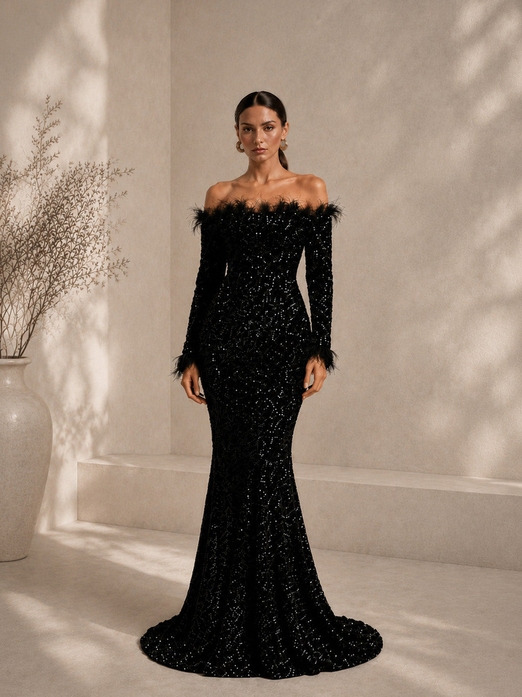Damen bordeauxrotes, luxuriöses Pailletten-Off-Shoulder-Maxikleid mit langen Ärmeln im Meerjungfrauen-Stil