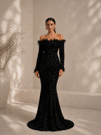Damen bordeauxrotes, luxuriöses Pailletten-Off-Shoulder-Maxikleid mit langen Ärmeln im Meerjungfrauen-Stil
