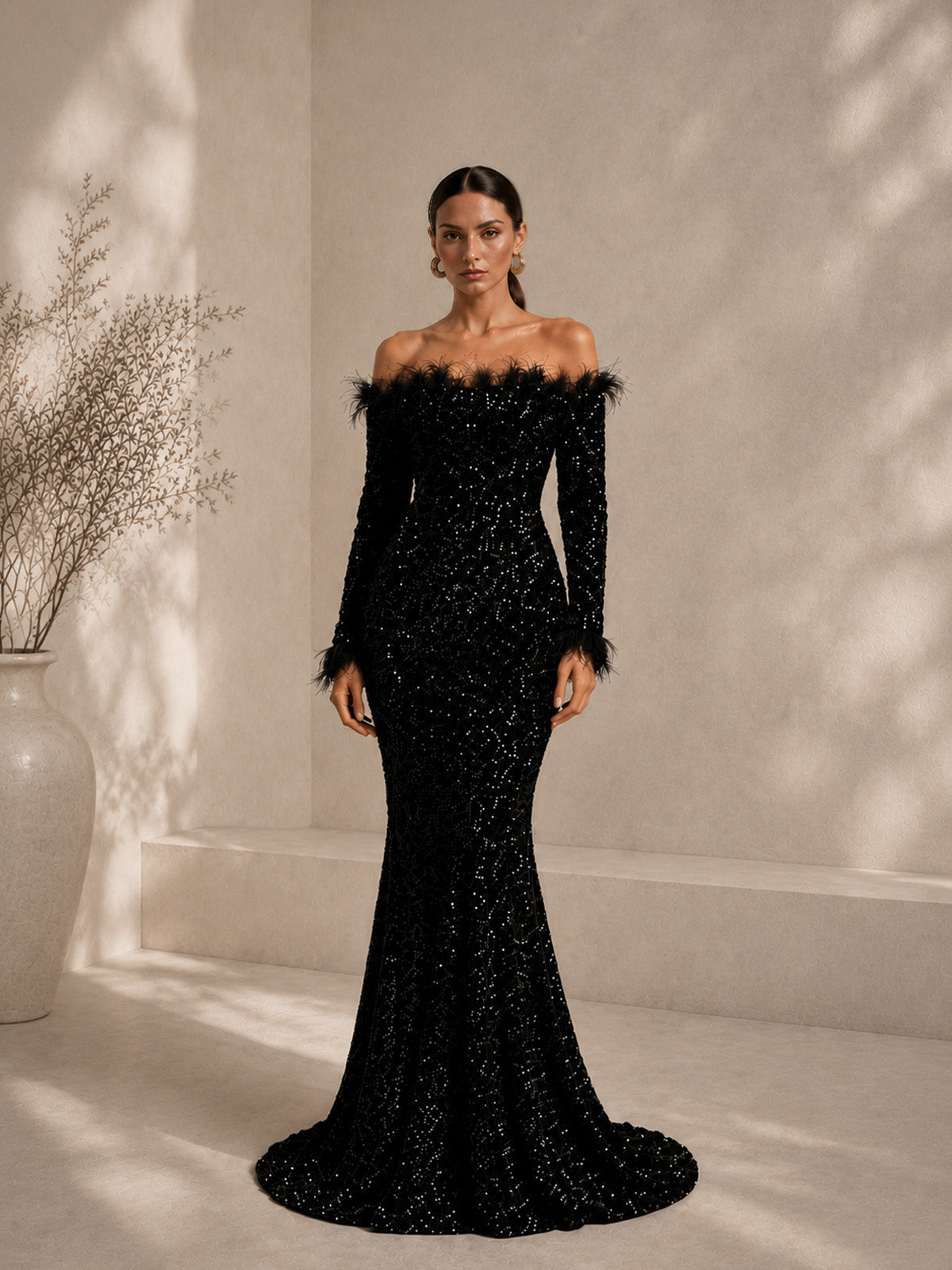 Damen bordeauxrotes, luxuriöses Pailletten-Off-Shoulder-Maxikleid mit langen Ärmeln im Meerjungfrauen-Stil