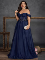 Women’s Olive Green Elegant Tulle Off Shoulder Short Sleeve A-Line Maxi Dress with Floral Appliqué
