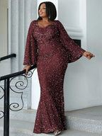 Women’s Silver Blue Glamorous Sequin Mesh V Neck Long Bell Sleeve Mermaid Maxi Dress with Embellished Detail