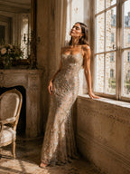 Women’s Taupe Luxe Embroidered Mesh Spaghetti Strap Mermaid Maxi Dress