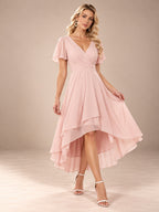 Women’s Emerald Green Elegant Chiffon V-Neck Flutter Sleeve High-Low A-Line Midi Dress with Wrap Detail