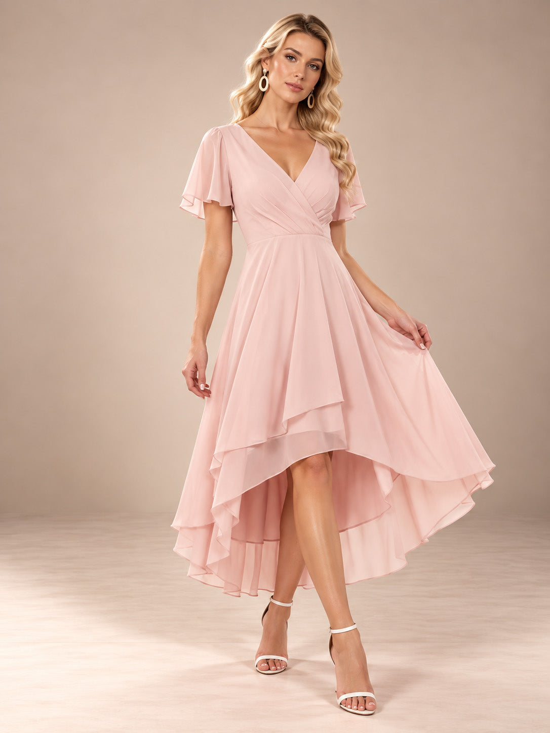 Women’s Emerald Green Elegant Chiffon V-Neck Flutter Sleeve High-Low A-Line Midi Dress with Wrap Detail