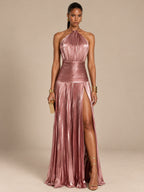 Women’s Metallic Glamorous Halter Neck Sleeveless Backless A-Line Maxi Dress with Ruched Waist and High Slit