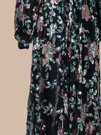 Women’s Champagne Elegant Floral Sequin V-Neck Long Sleeve A-Line Maxi Dress with Sheer Mesh Detail