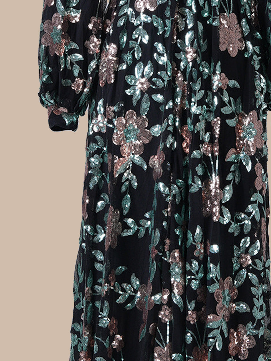 Women’s Champagne Elegant Floral Sequin V-Neck Long Sleeve A-Line Maxi Dress with Sheer Mesh Detail