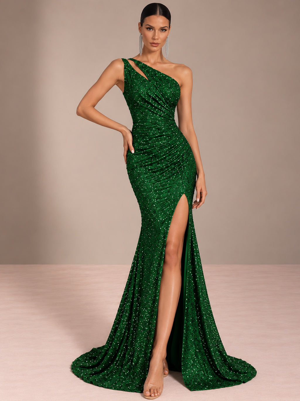 Women’s Champagne Gold Glamorous Sequin One Shoulder Sleeveless Mermaid Maxi Dress with Ruched Detail, High Slit and Lace-Up Back