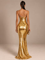 Women’s Glamorous Sequin Sweetheart Neck Sleeveless Mermaid Maxi Dress with Rhinestone Straps and Fitted Waist