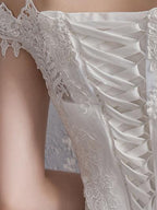Women’s White Romantic Lace Off Shoulder Short Sleeve Mermaid Maxi Wedding Dress with Floral Appliqué
