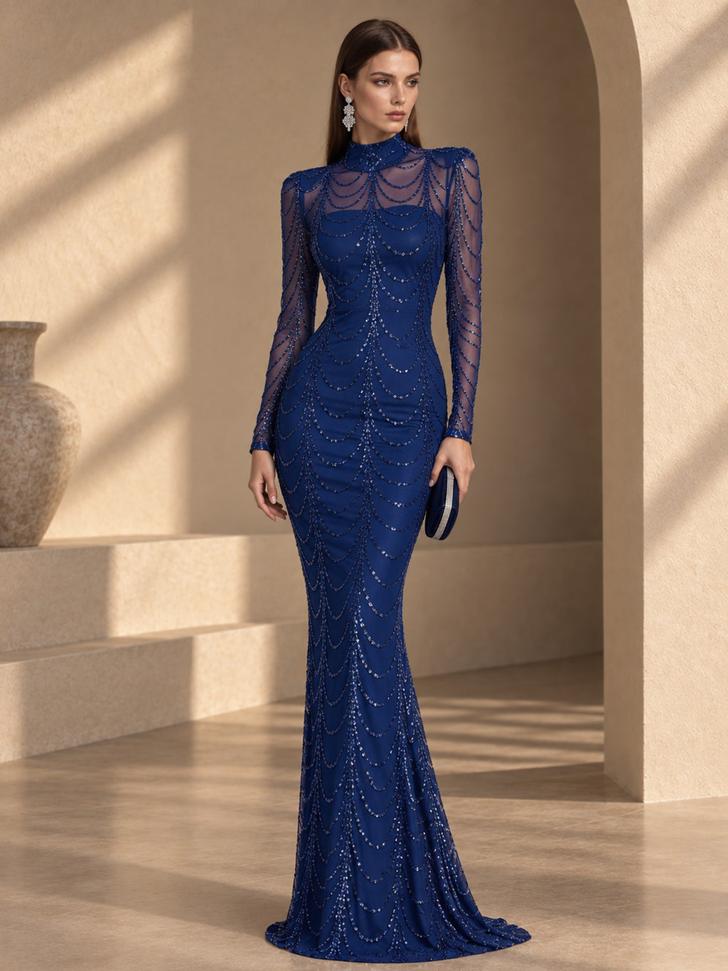 Women’s Black Luxury Sequin Mesh High Neck Long Sleeve Mermaid Maxi Dress with Draped Crystal Pattern