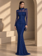 Women’s Black Luxury Sequin Mesh High Neck Long Sleeve Mermaid Maxi Dress with Draped Crystal Pattern