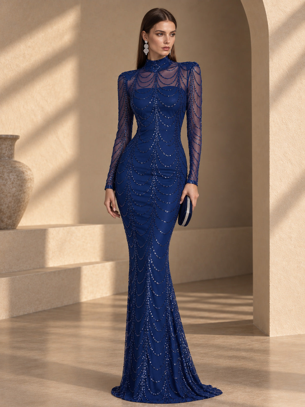 Women’s Black Luxury Sequin Mesh High Neck Long Sleeve Mermaid Maxi Dress with Draped Crystal Pattern