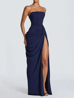 Women’s Pale Yellow Glamorous Strapless Sleeveless Slim Fit Maxi Dress with Ruched High Slit Detail