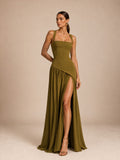 Women’s Olive Green Elegant Stretch Woven Square Neck Sleeveless Slim Maxi Dress