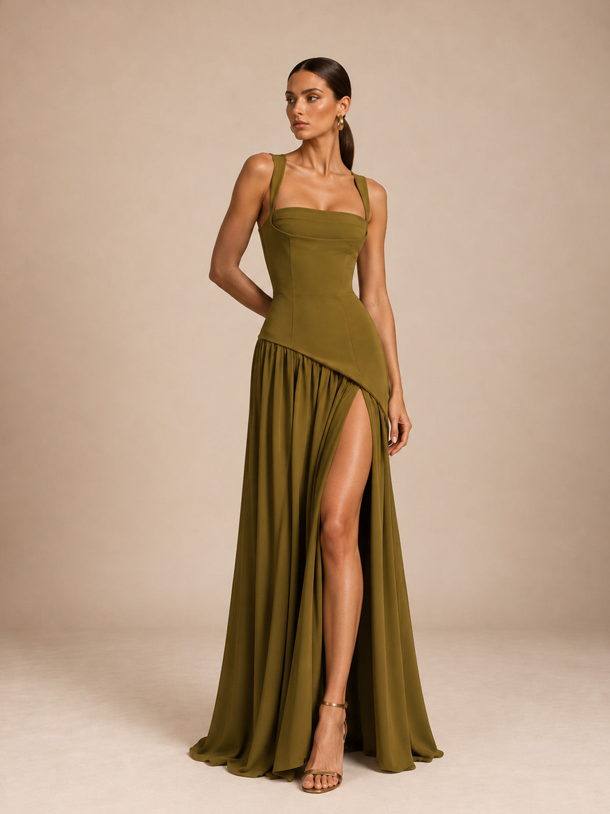 Women’s Olive Green Elegant Stretch Woven Square Neck Sleeveless Slim Maxi Dress