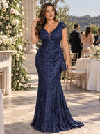 Women’s Olive Green Elegant Sequin Mesh V-Neck Cap Sleeve Mermaid Maxi Dress