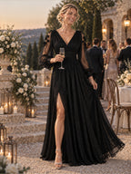 Women’s Red Elegant Glitter V-Neck Sheer Long Sleeve A-Line Maxi Dress with Floral Appliqué and High Slit