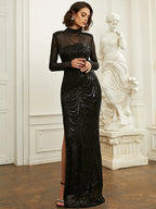 Women’s Black Elegant Sequin Mesh High Neck Long Sleeve High Slit Mermaid Maxi Dress