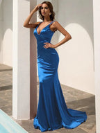 Women’s Red Elegant Satin V-Neck Spaghetti Strap Mermaid Maxi Dress with Ruched Waist