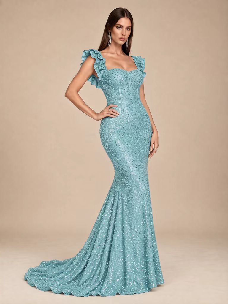 Women’s Burgundy Elegant Sequin Square Neck Cap Sleeve Mermaid Maxi Dress with Ruffle Detail