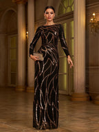 Women’s Black and Bronze Elegant Sequin Mesh Round Neck Long Sleeve Column Maxi Dress with Geometric Pattern