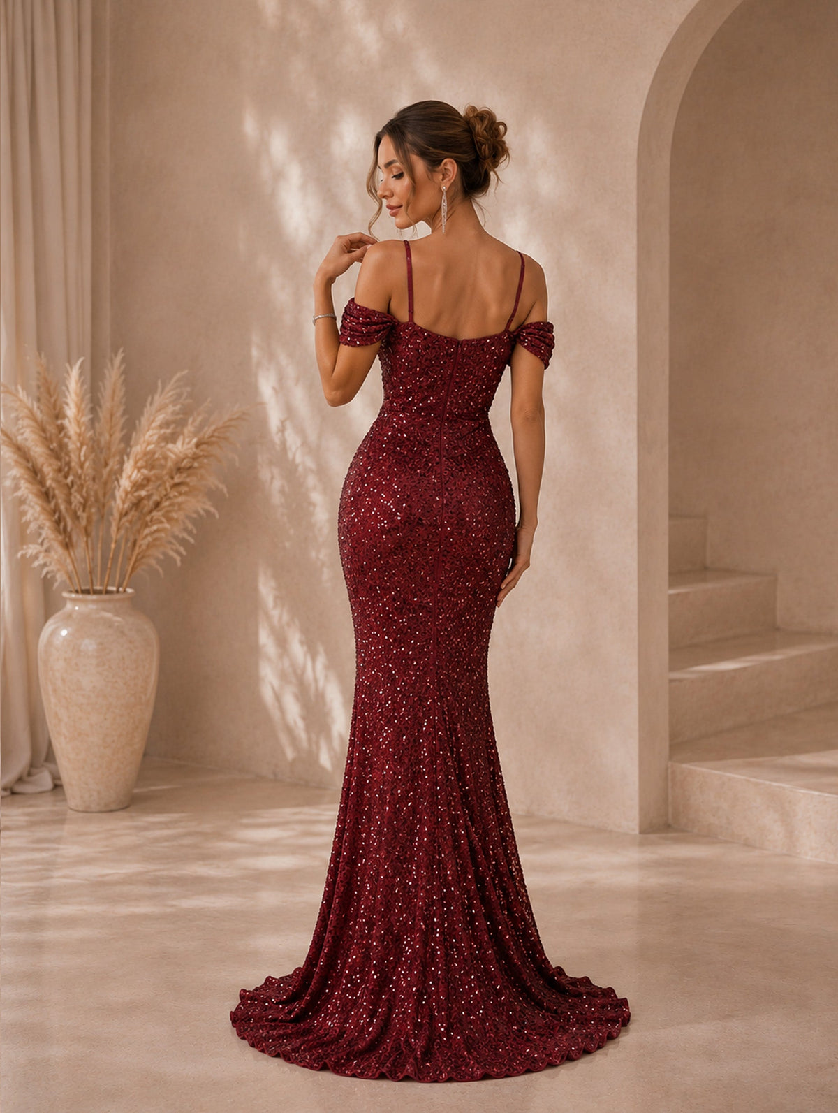Women’s Glamorous Sequin Spaghetti Strap Cold Shoulder Slim Mermaid Maxi Dress with High Slit