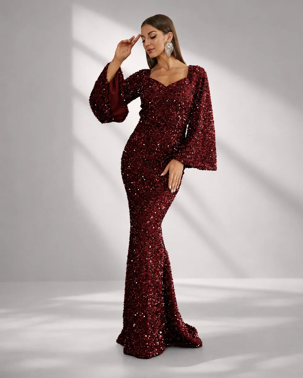 Women’s Rose Gold Evening Sequin V-Neck Mermaid Maxi Dress with Bell Sleeves