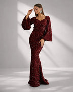 Women’s Rose Gold Evening Sequin V-Neck Mermaid Maxi Dress with Bell Sleeves